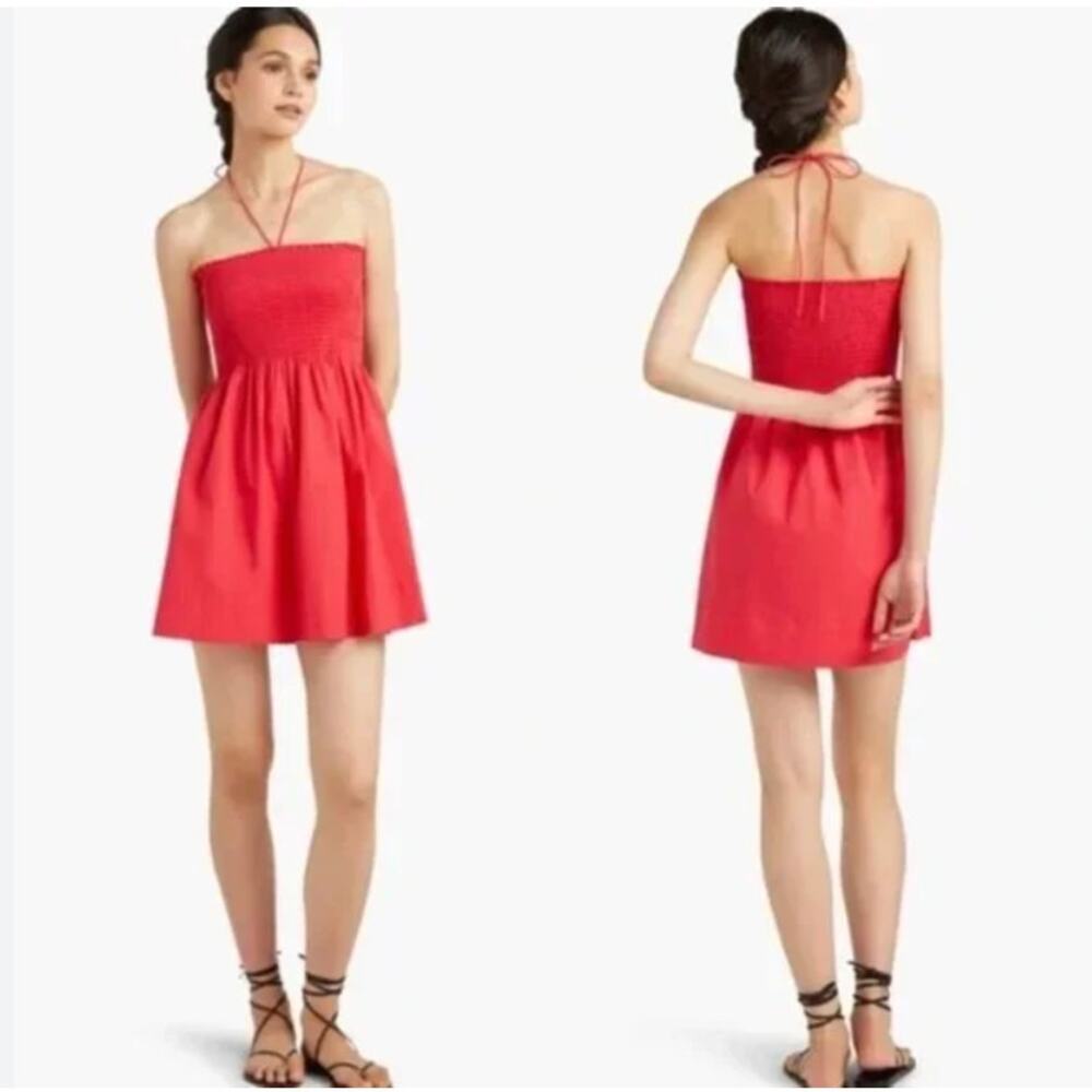 Hill House Roxie Nap Raspberry Red Cotton Smocked Tie Neck Mini Dress